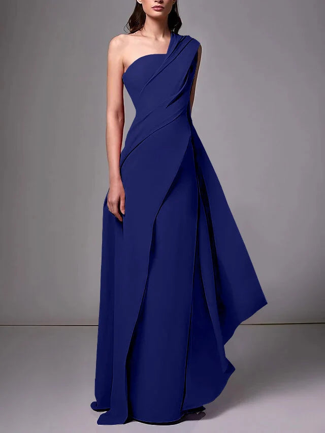 Elegant Sheath One Shoulder Sleeveless Crepe Floor Length Evening Dress