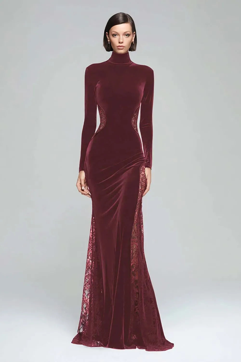 Elegant Mermaid High Neck Long Sleeve Closed Back Floor Length Evening Dress