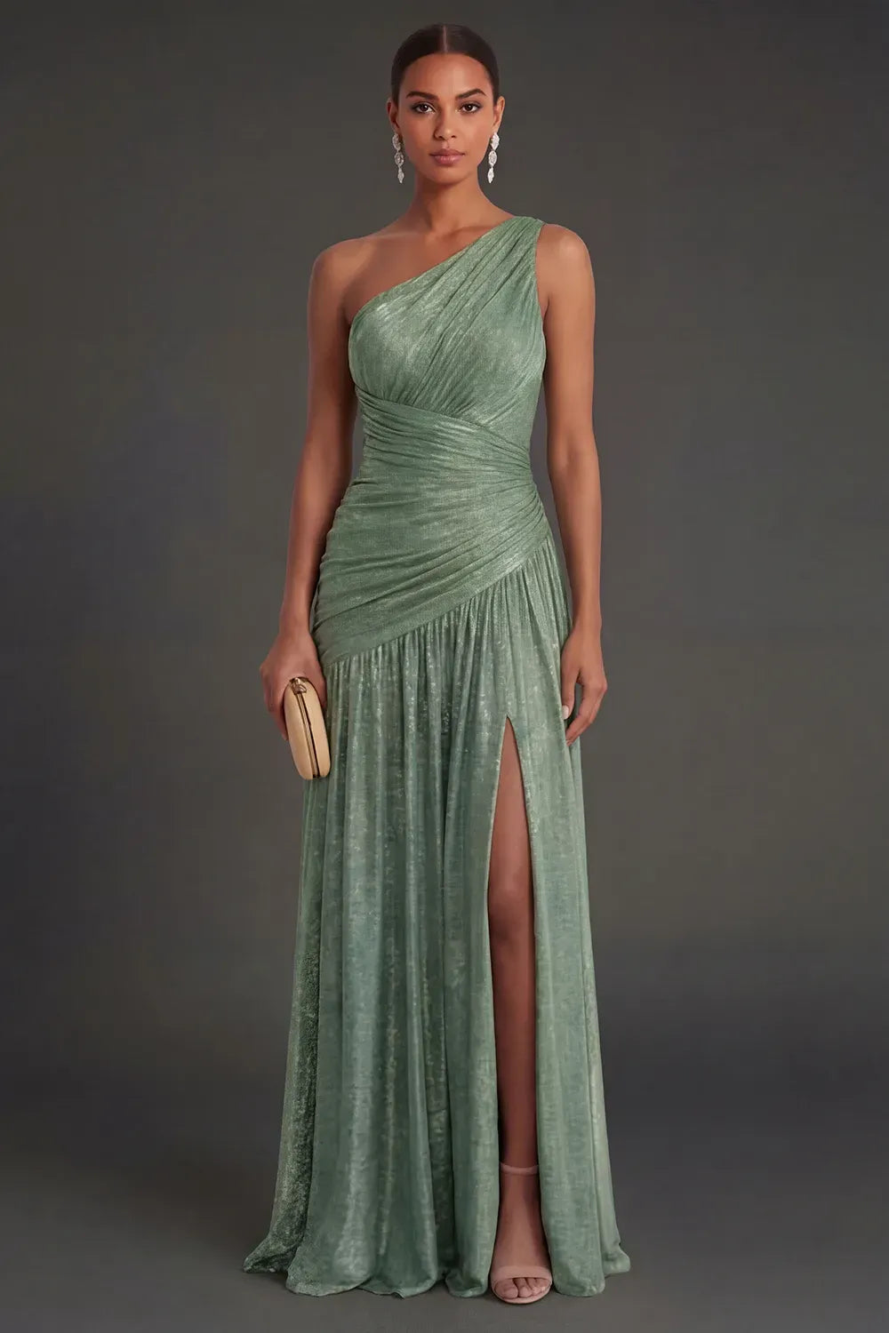 Elegant A-Line One Shoulder Sleeveless Ruched Back Floor Length Evening Dress