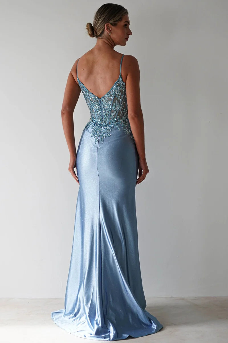 Elegant Mermaid V Neck Spaghetti Strap V Back Floor Length Prom Dress