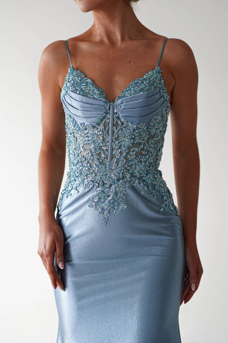 Elegant Mermaid V Neck Spaghetti Strap V Back Floor Length Prom Dress