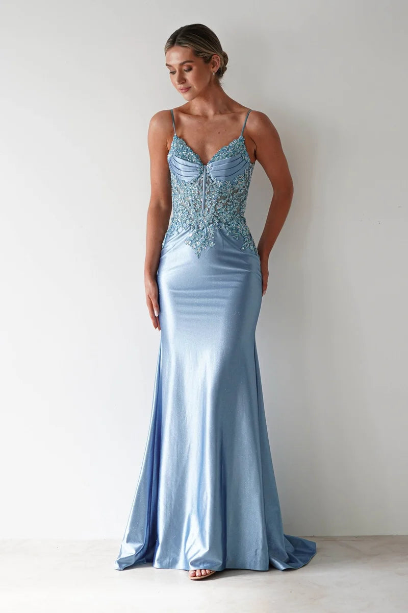Loverlm dusty blue glitter mermaid prom dress with plunging V-neckline, spaghetti straps, floral embellished bodice and floor-length skirt front view
