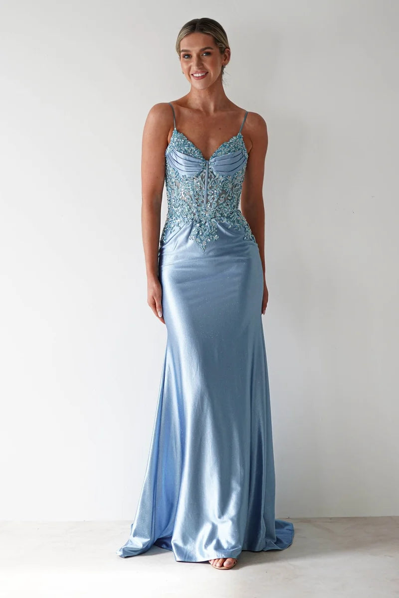 Elegant Mermaid V Neck Spaghetti Strap V Back Floor Length Prom Dress