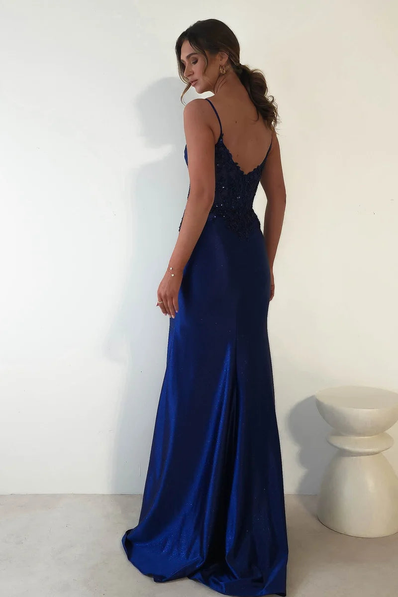 Elegant Mermaid V Neck Spaghetti Strap V Back Floor Length Prom Dress