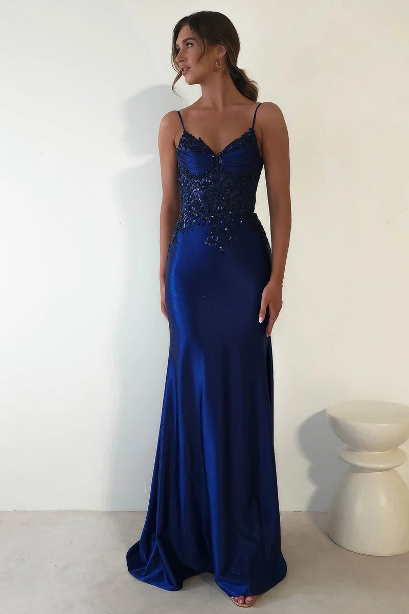 Elegant Mermaid V Neck Spaghetti Strap V Back Floor Length Prom Dress
