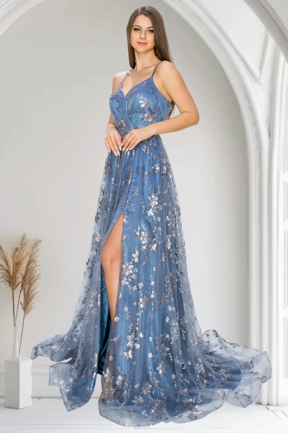 Elegant A-Line V-Neck Spaghetti Strap Lace-Up Back Floor-Length Prom Dress