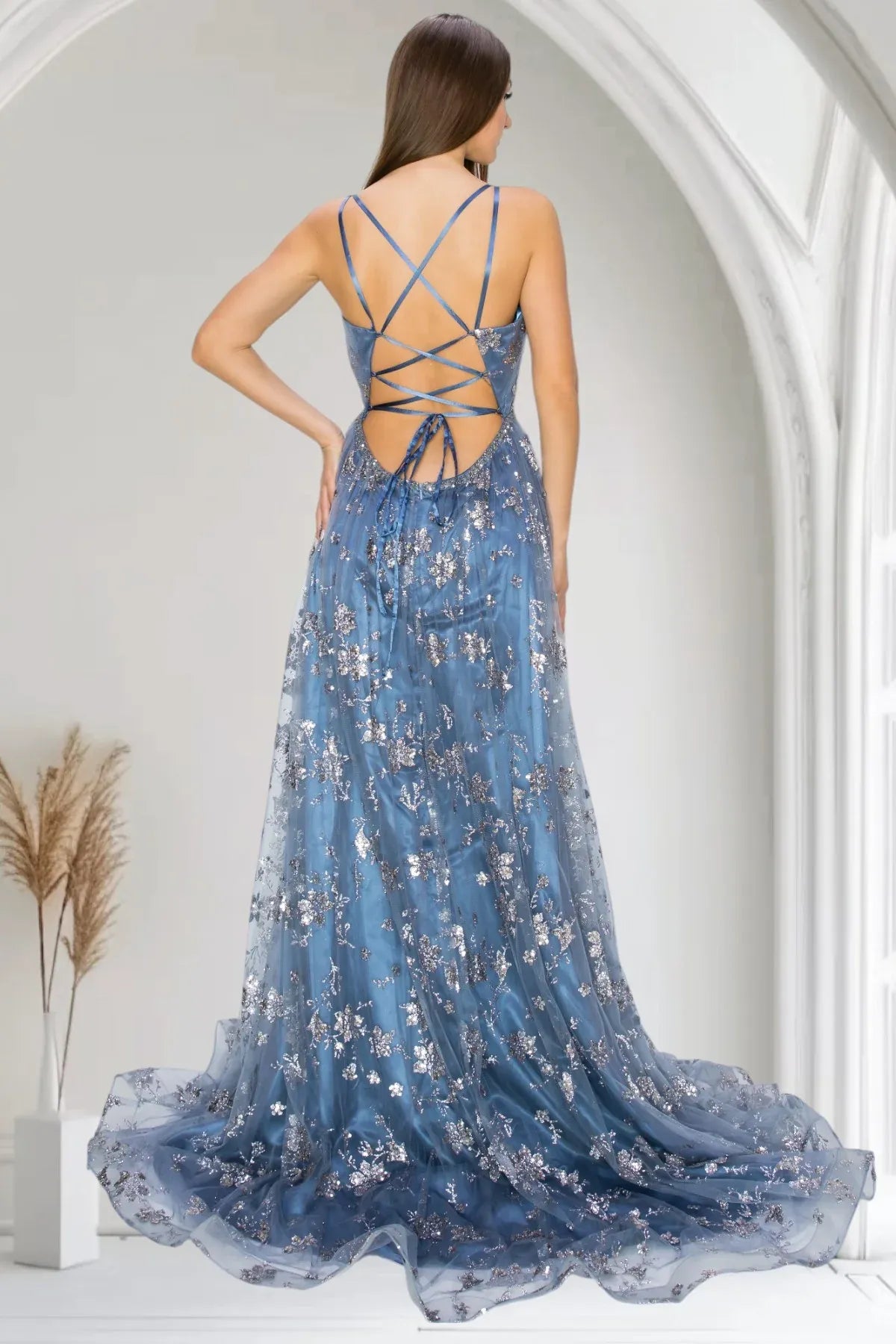 Elegant A-Line V-Neck Spaghetti Strap Lace-Up Back Floor-Length Prom Dress