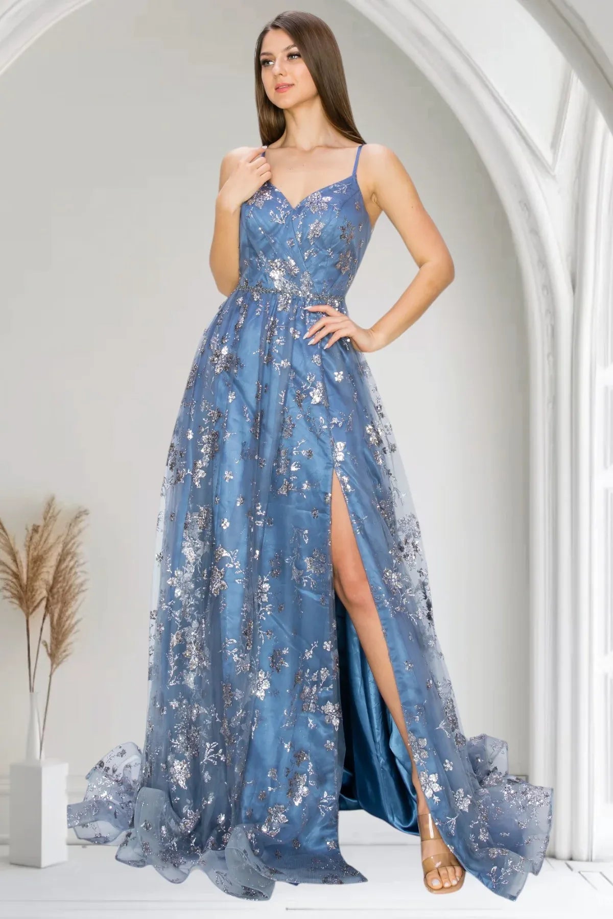 Elegant A-Line V-Neck Spaghetti Strap Lace-Up Back Floor-Length Prom Dress