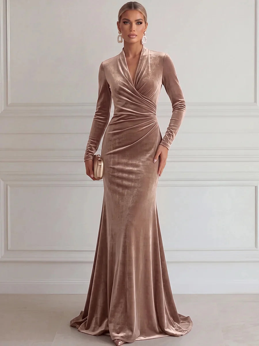 Elegant Mermaid Deep V Long Sleeve Velvet Floor-Length Evening Dress