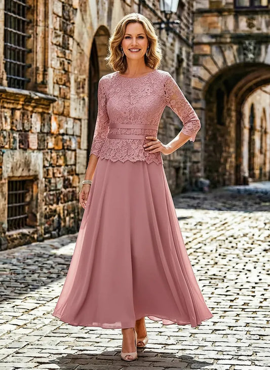 Loverlm dusty rose Mother of the Bride dress with round neck lace three-quarter sleeves and tea-length A-line skirt