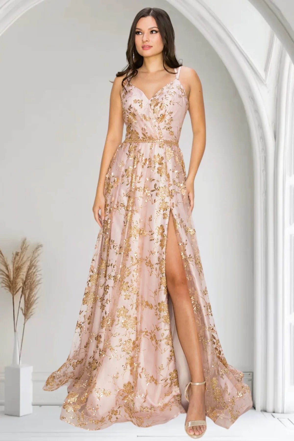 Elegant A-Line V-Neck Spaghetti Strap Lace-Up Back Floor-Length Prom Dress
