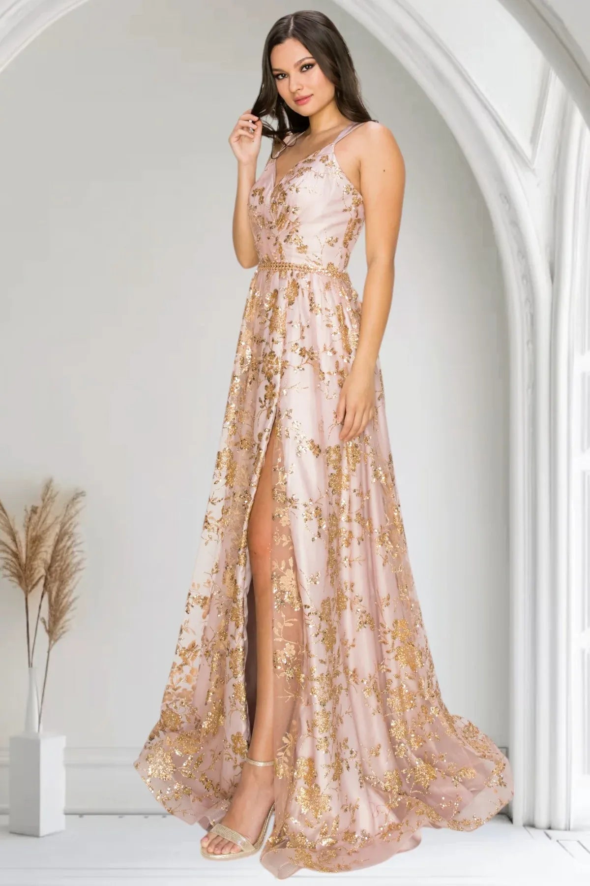 Elegant A-Line V-Neck Spaghetti Strap Lace-Up Back Floor-Length Prom Dress