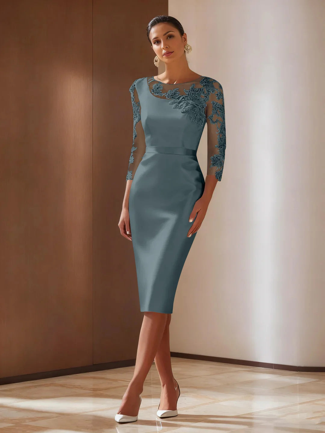 Elegant Sheath Illusion-Neck Lace-Sleeve Scoop-Back Midi Cocktail Dress