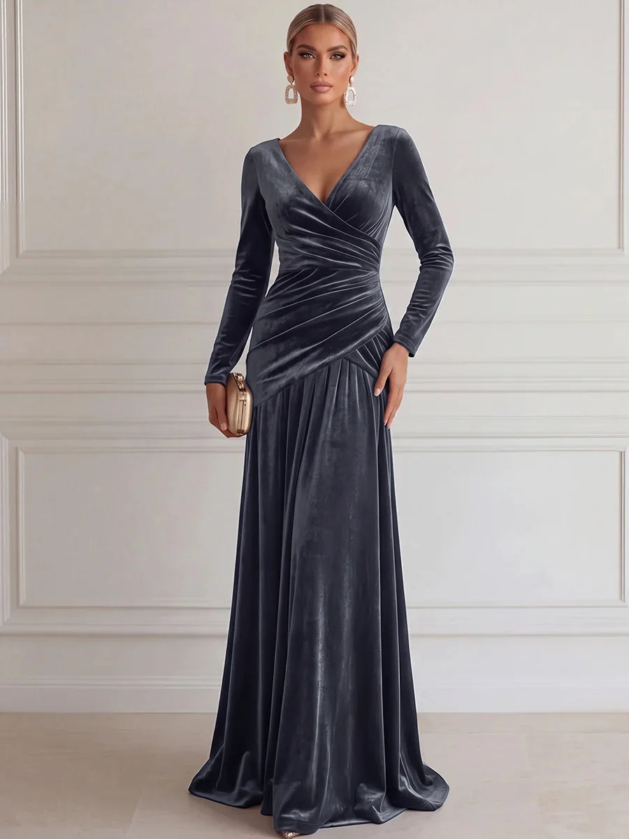 Elegant A-Line V-Neck Long Sleeve Velvet Floor-Length Evening Dress