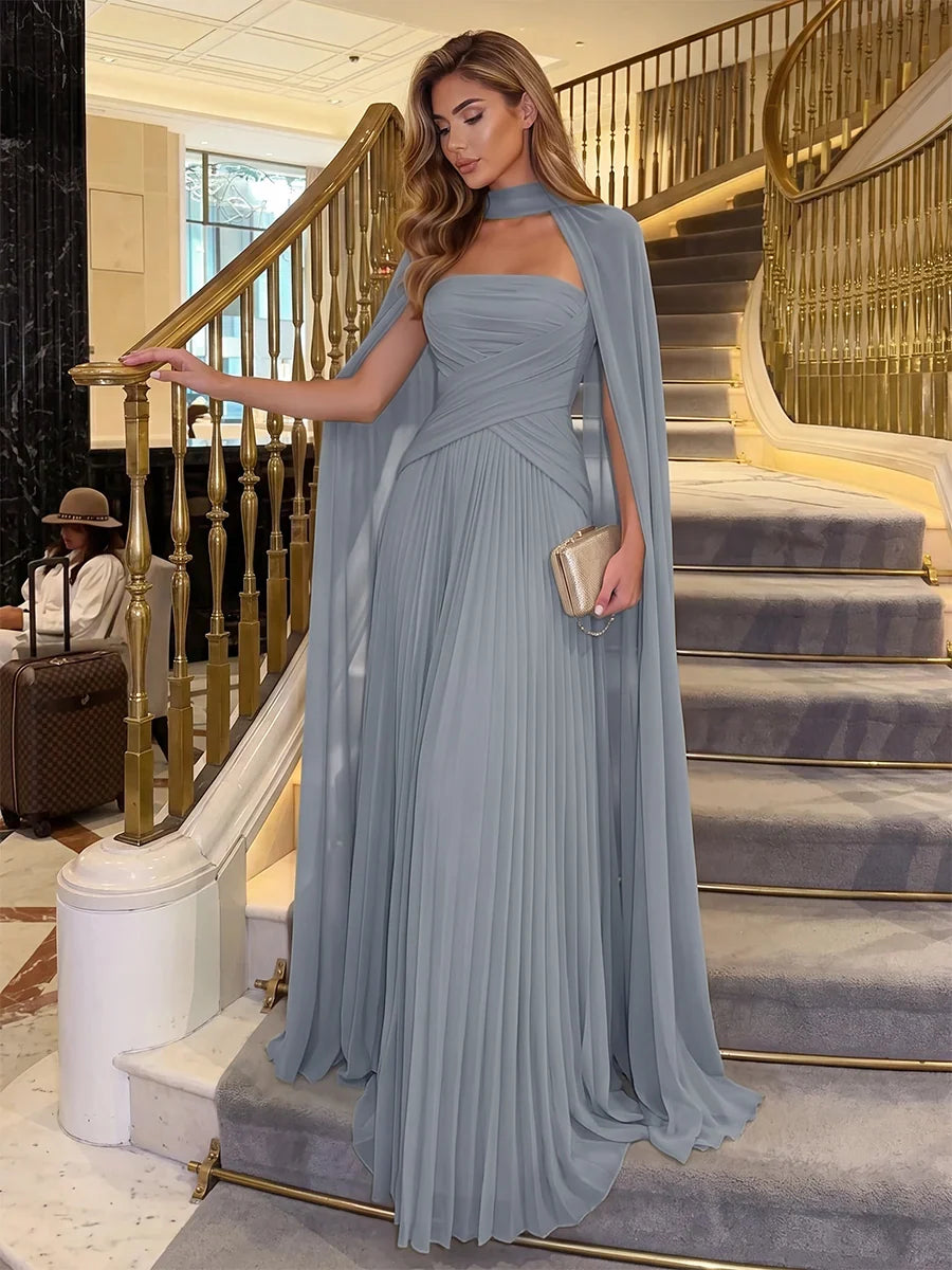 Elegant Pleated Strapless Sleeveless Chiffon Floor Length Evening Dress