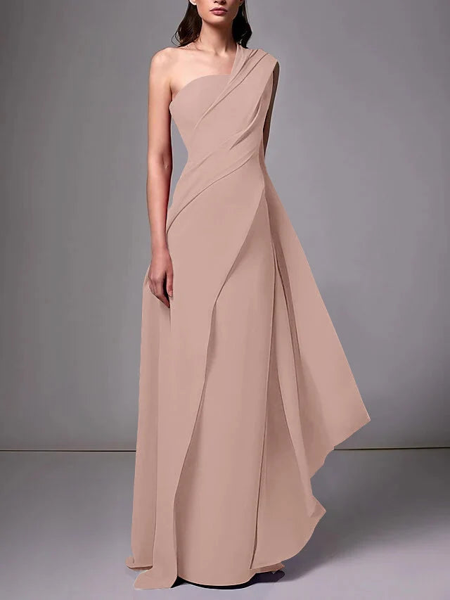 Elegant Sheath One Shoulder Sleeveless Crepe Floor Length Evening Dress