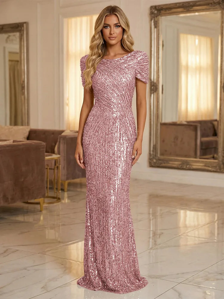 Glamorous Sheath Bateau Neck Puff Sleeve Sequin Floor-Length Evening Dress