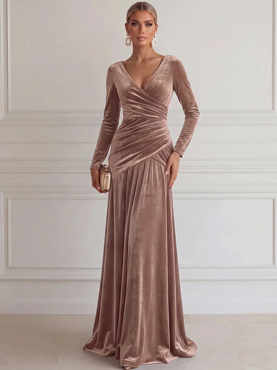 Elegant A-Line V-Neck Long Sleeve Velvet Floor-Length Evening Dress
