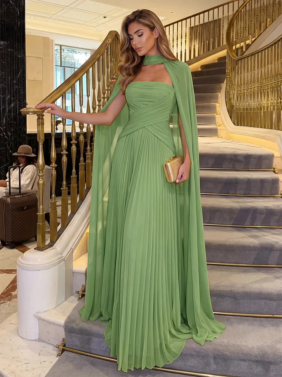 Elegant Pleated Strapless Sleeveless Chiffon Floor Length Evening Dress