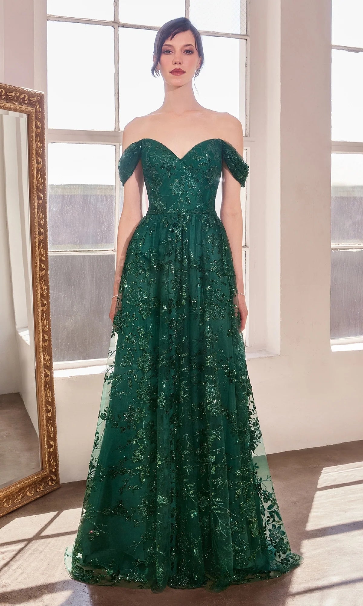 Elegant A-Line Sweetheart Off Shoulder Glitter Tulle Floor Length Evening Dress