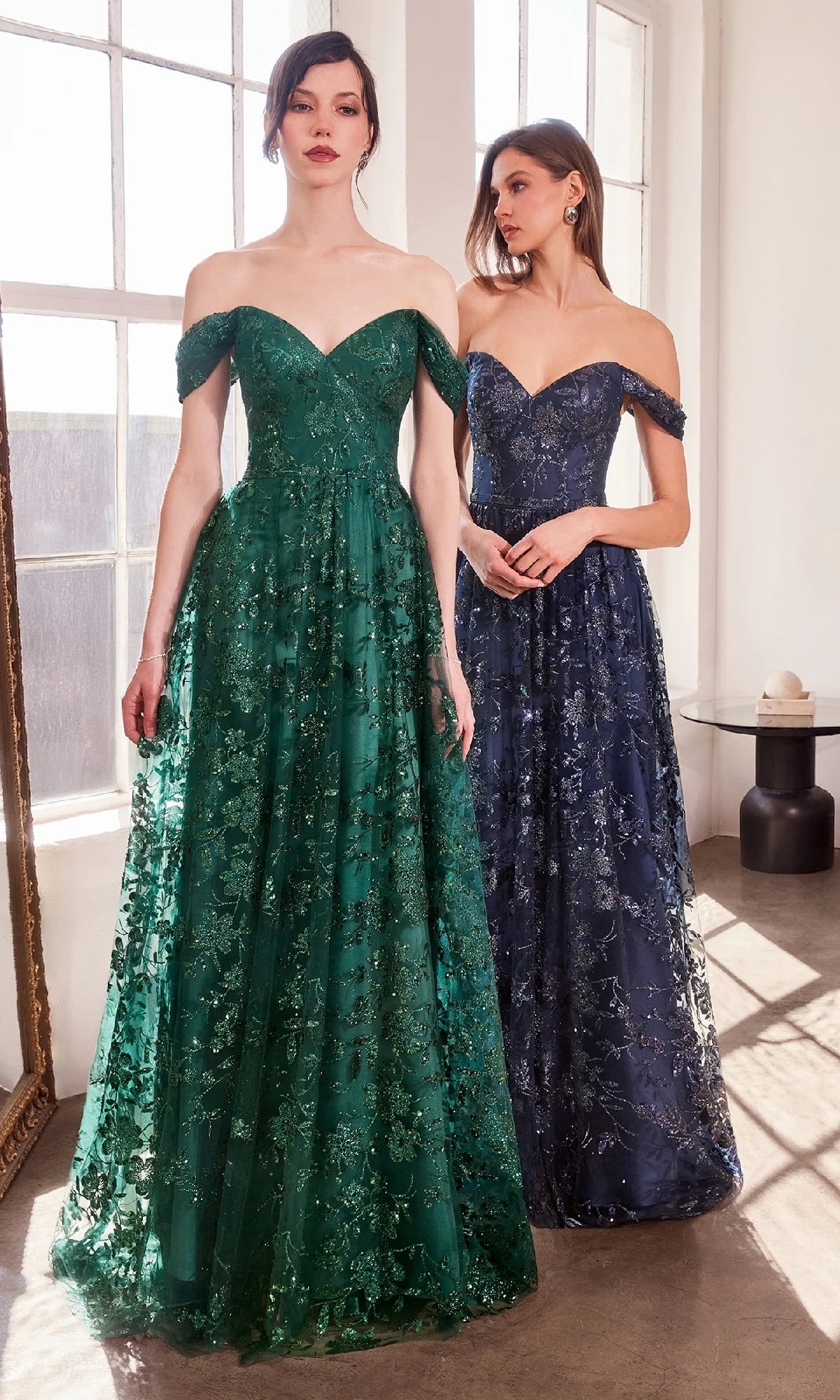 Elegant A-Line Sweetheart Off Shoulder Glitter Tulle Floor Length Evening Dress