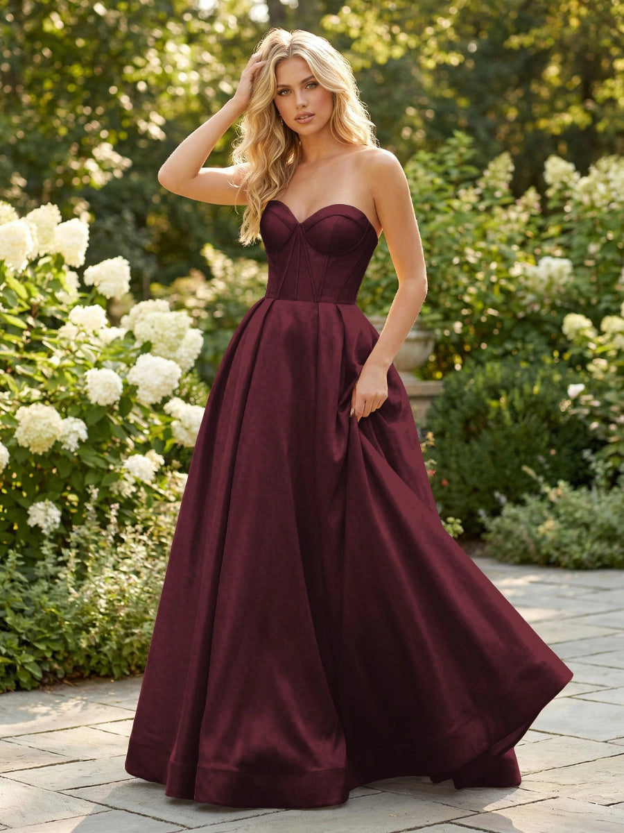 Elegant A-Line Sweetheart Strapless Lace-Up Satin Floor Length Prom Dress