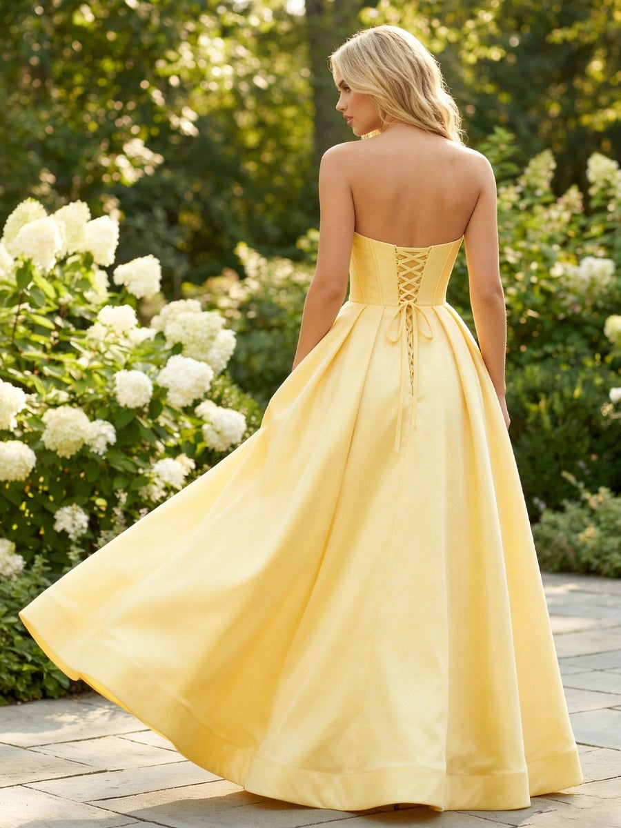 Elegant A-Line Sweetheart Strapless Lace-Up Satin Floor Length Prom Dress