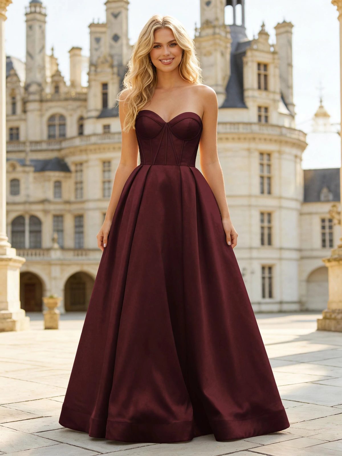 Elegant A-Line Sweetheart Strapless Lace-Up Satin Floor Length Prom Dress