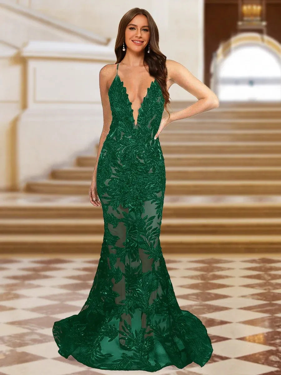 Glamorous Mermaid Plunging-V Sleeveless Crisscross-Back Floor-Length Lace Evening Dress