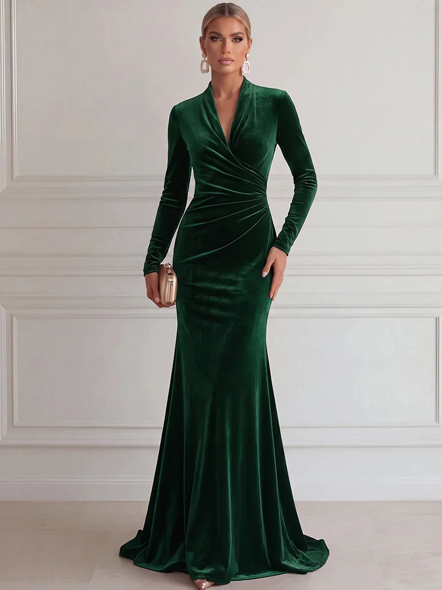Elegant Mermaid Deep V Long Sleeve Velvet Floor-Length Evening Dress