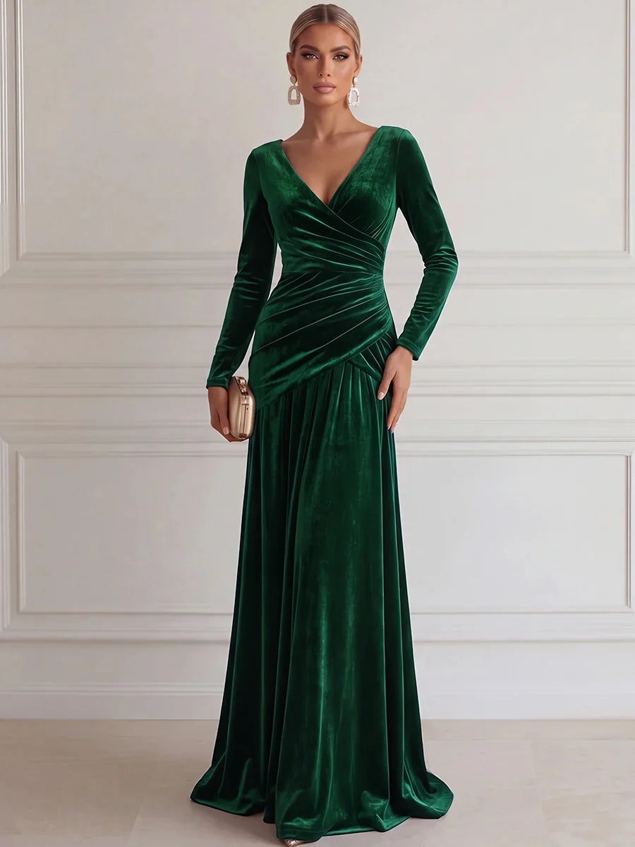 Elegant A-Line V-Neck Long Sleeve Velvet Floor-Length Evening Dress