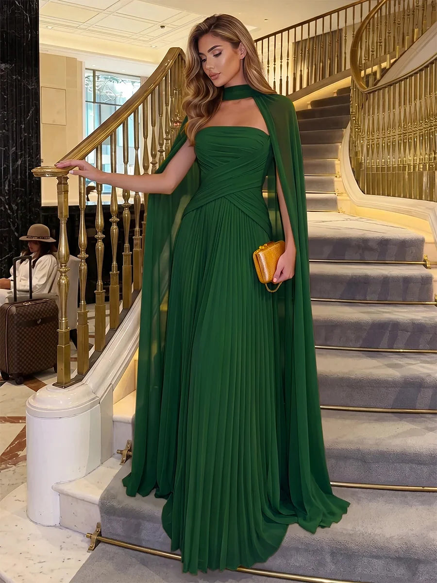 Elegant Pleated Strapless Sleeveless Chiffon Floor Length Evening Dress