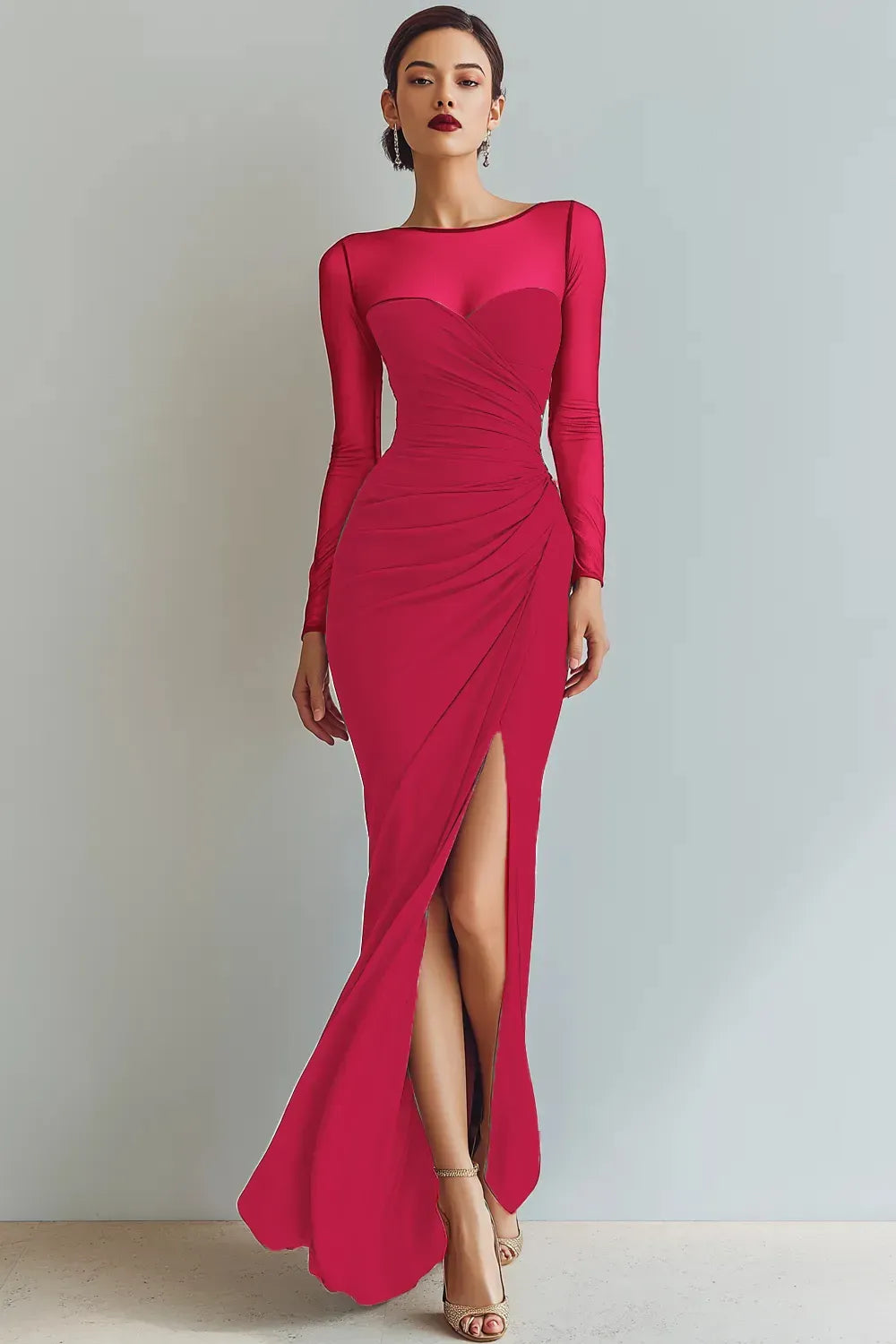 Elegant Sheath Illusion Neck Sheer Sleeves Closed Back Floor Length Evening Dress