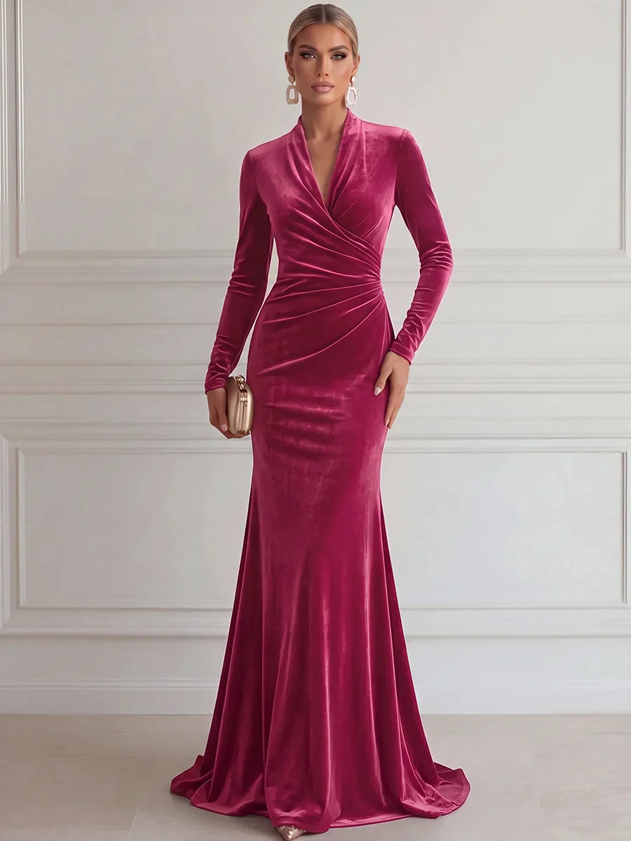 Elegant Mermaid Deep V Long Sleeve Velvet Floor-Length Evening Dress