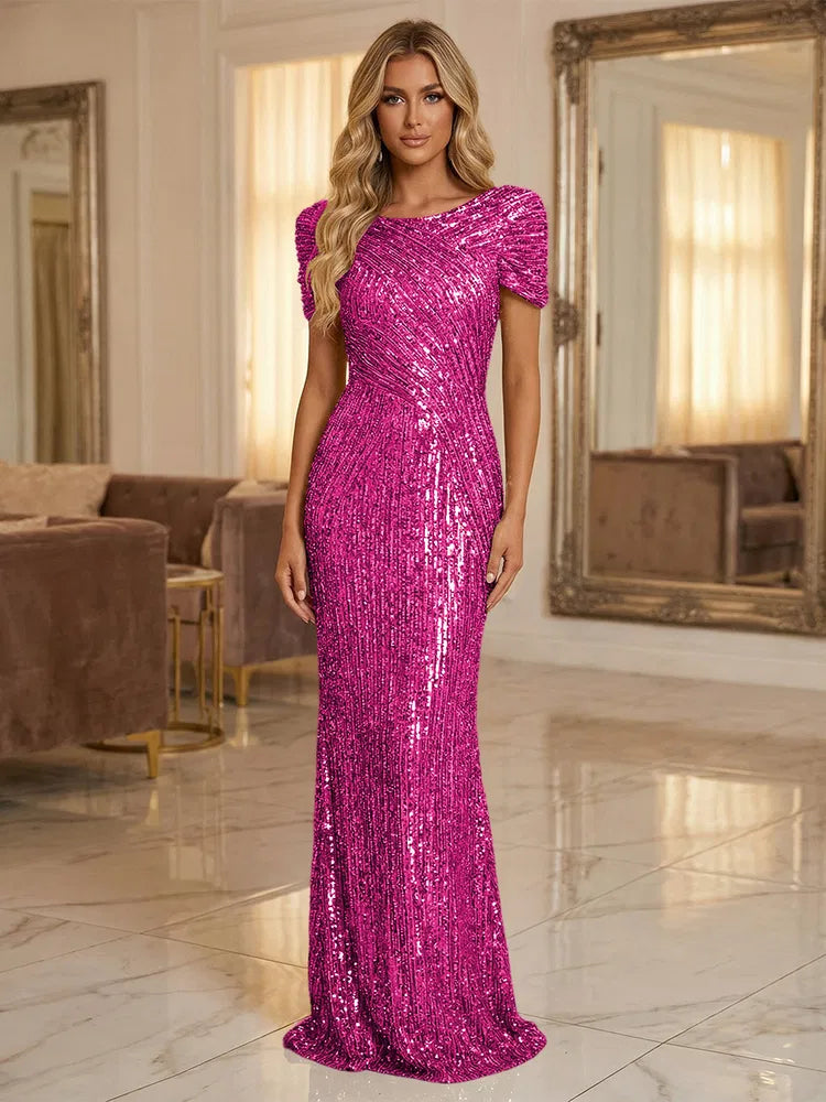 Glamorous Sheath Bateau Neck Puff Sleeve Sequin Floor-Length Evening Dress