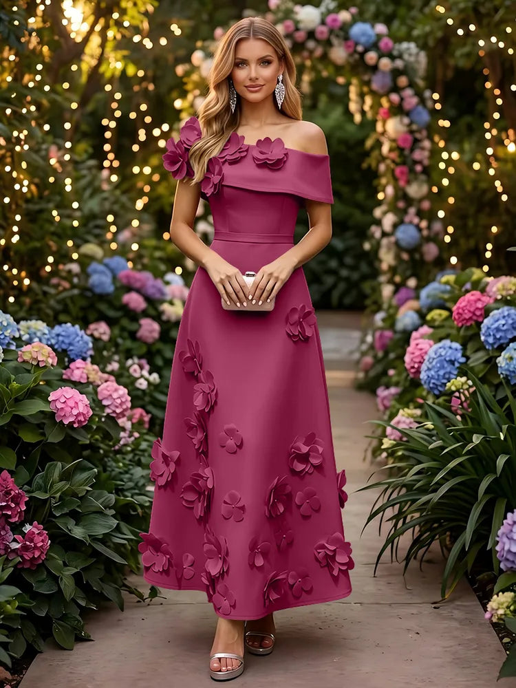 Romantic A-Line Off-Shoulder Short Sleeve Satin Ankle-Length Wedding Guest Dress