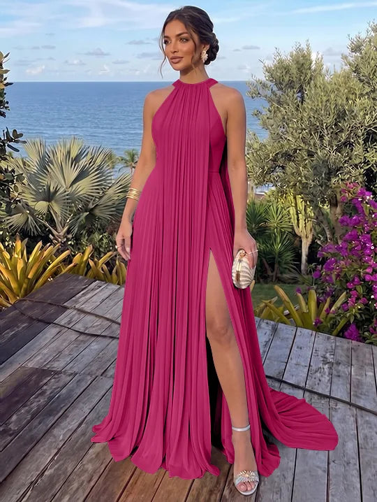 Elegant A Line Halter Neck Sleeveless Chiffon Floor Length Prom Dress