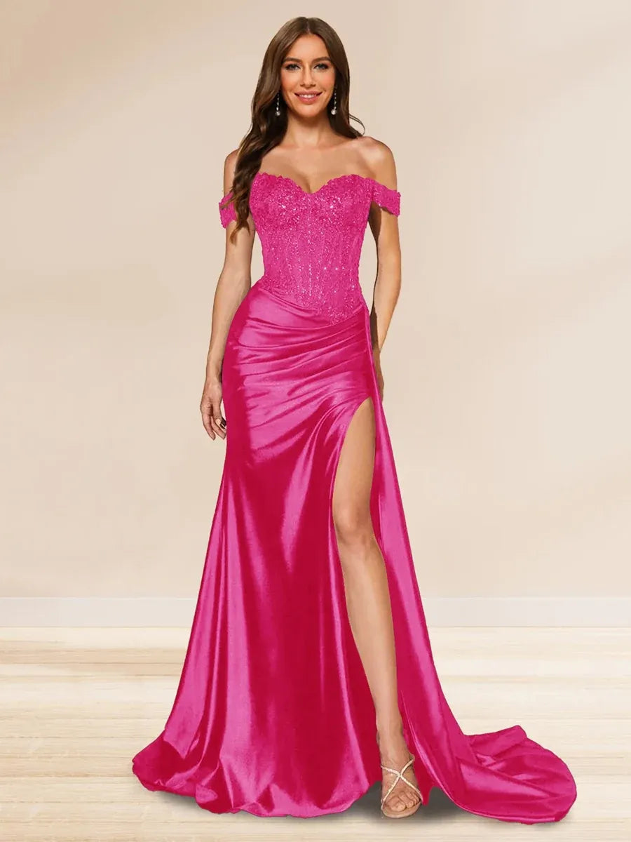 Elegant Mermaid Sweetheart Off-Shoulder V-Back Floor-Length Sequin Evening Dress