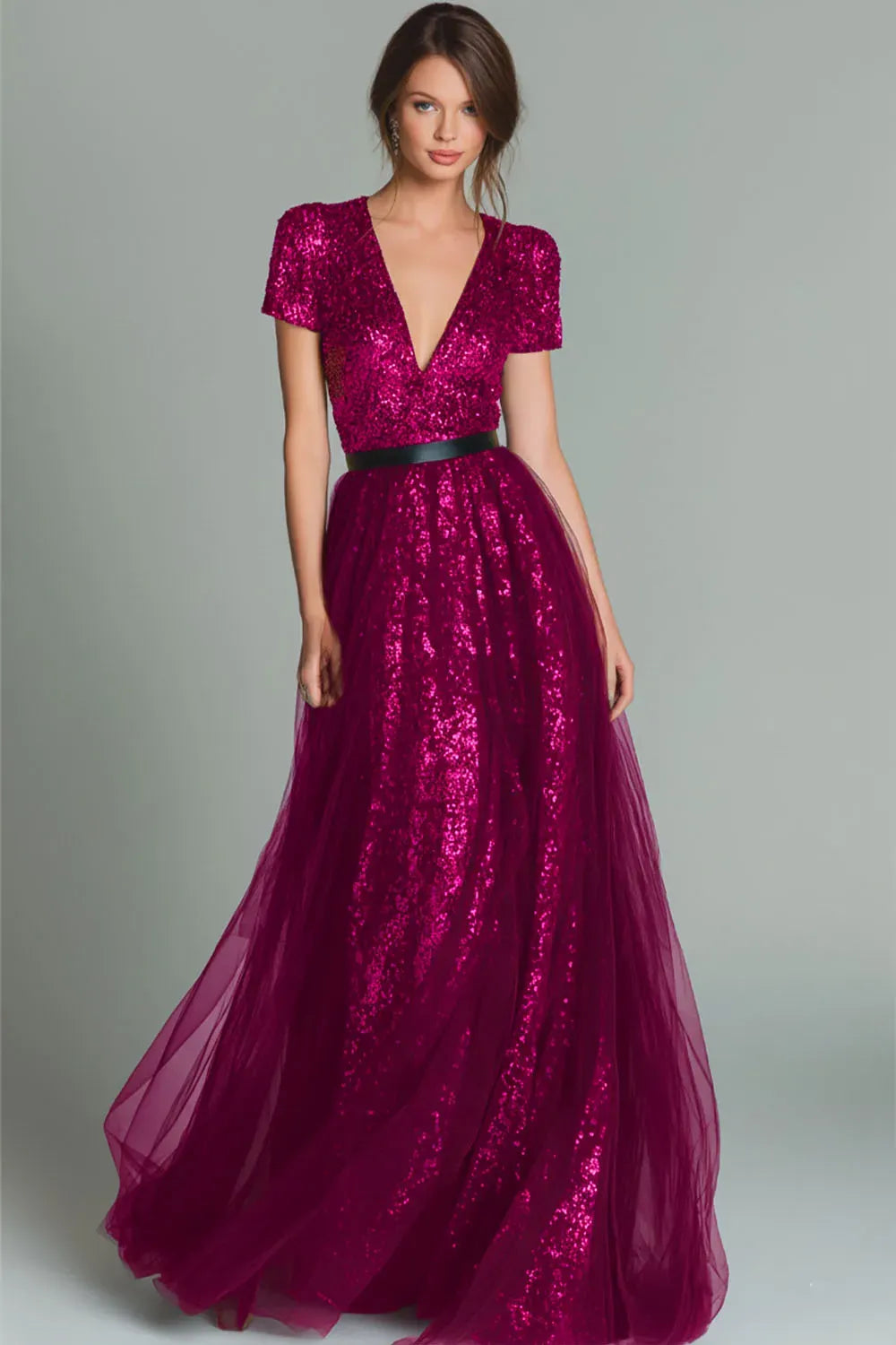 Elegant Plus Size A-Line V-Neck Short Sleeve Zipper Back Evening Dress