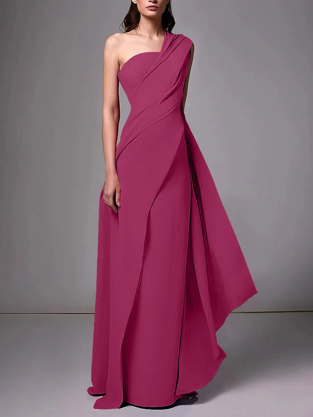 Elegant Sheath One Shoulder Sleeveless Crepe Floor Length Evening Dress