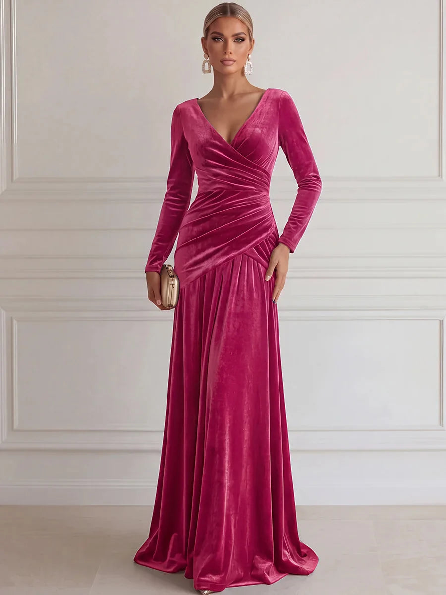 Elegant A-Line V-Neck Long Sleeve Velvet Floor-Length Evening Dress