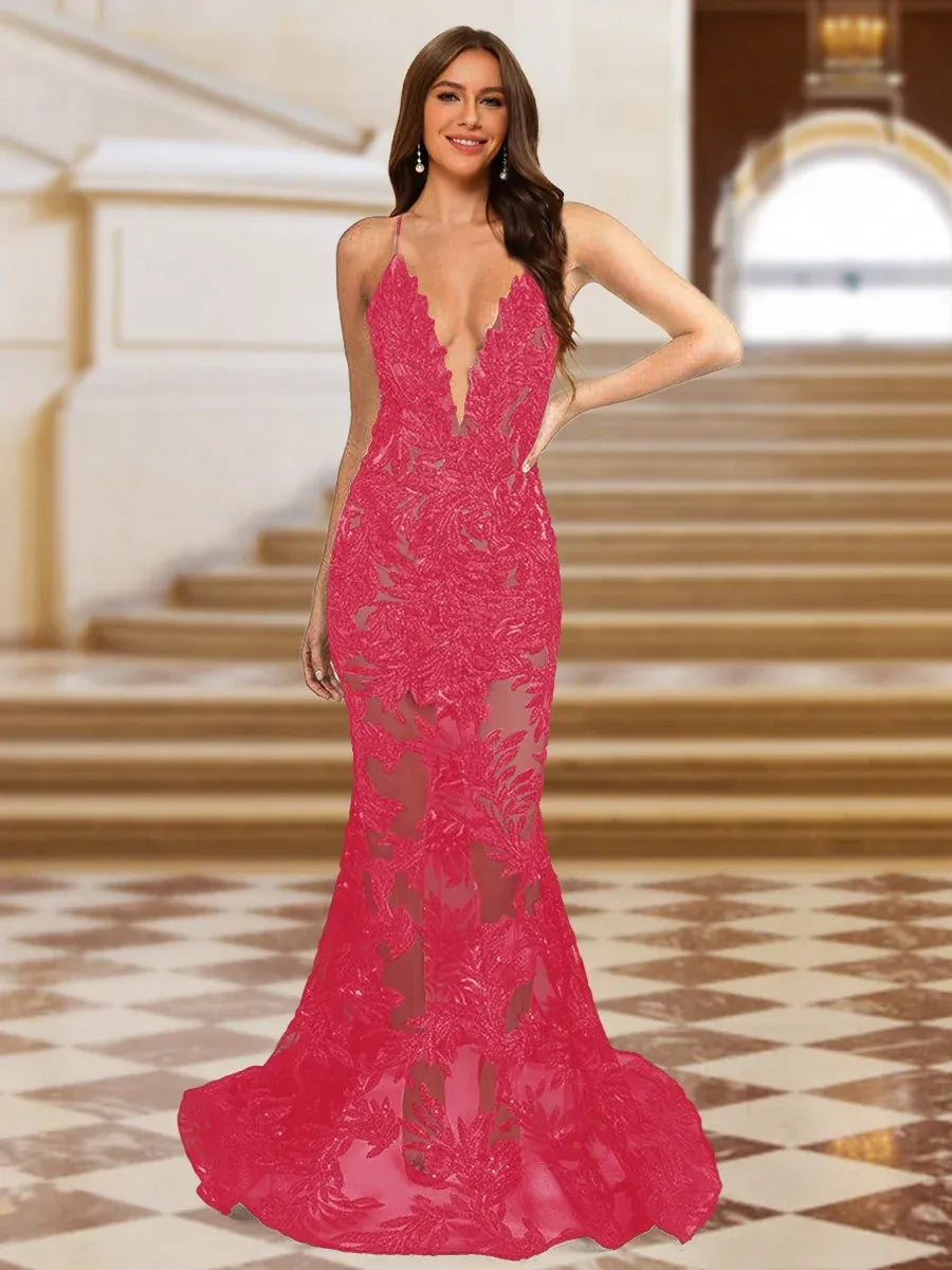Glamorous Mermaid Plunging-V Sleeveless Crisscross-Back Floor-Length Lace Evening Dress