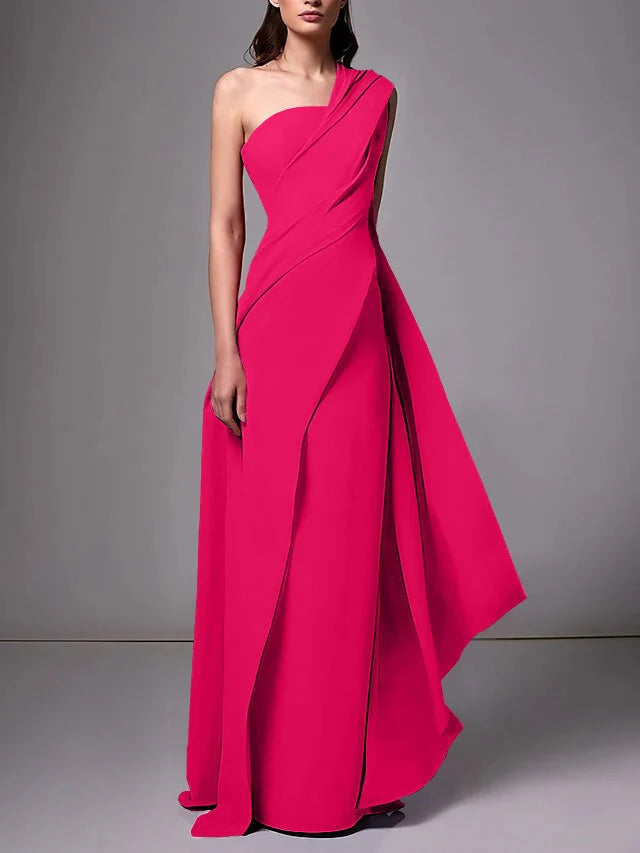 Elegant Sheath One Shoulder Sleeveless Crepe Floor Length Evening Dress