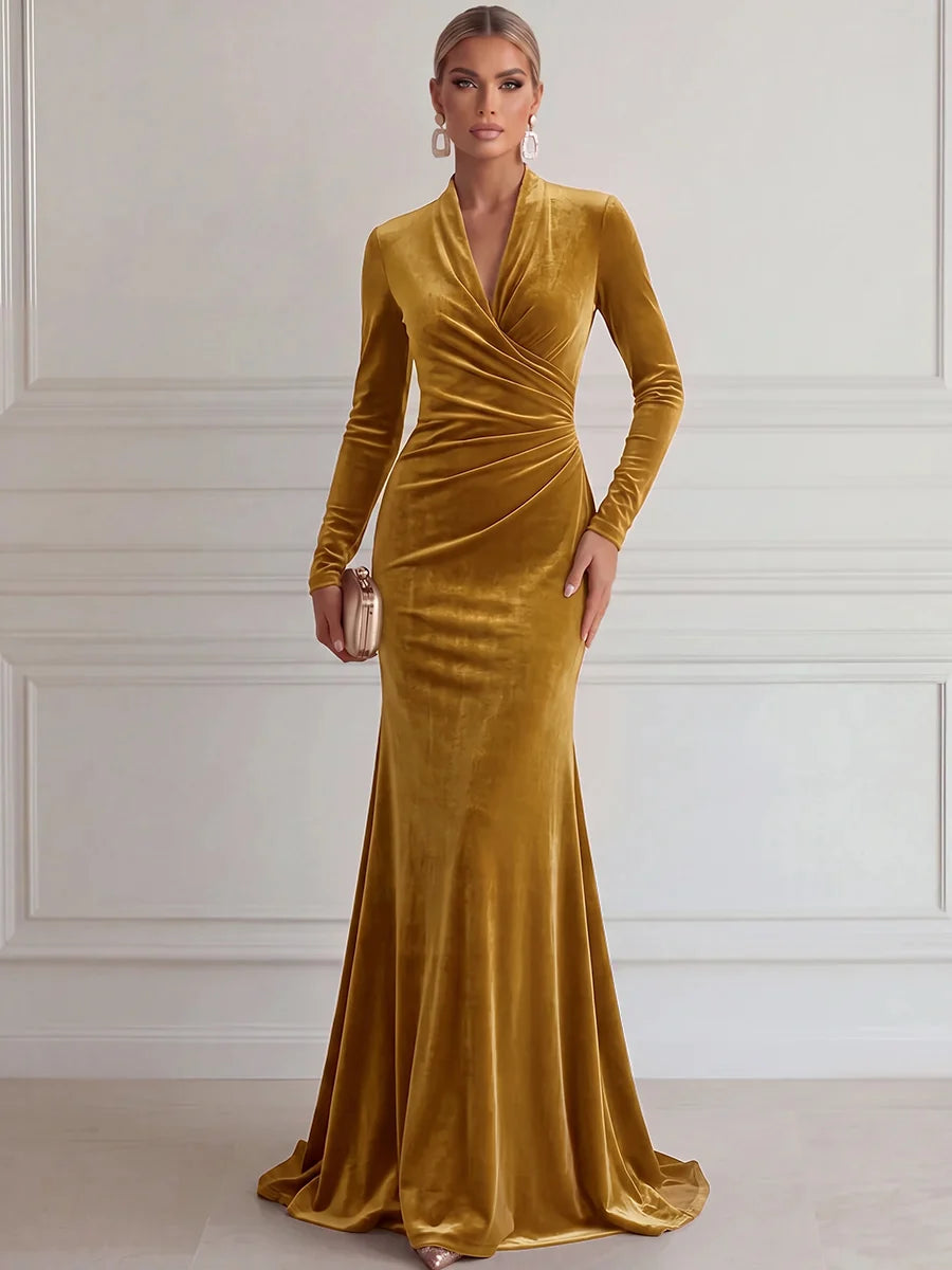 Elegant Mermaid Deep V Long Sleeve Velvet Floor-Length Evening Dress