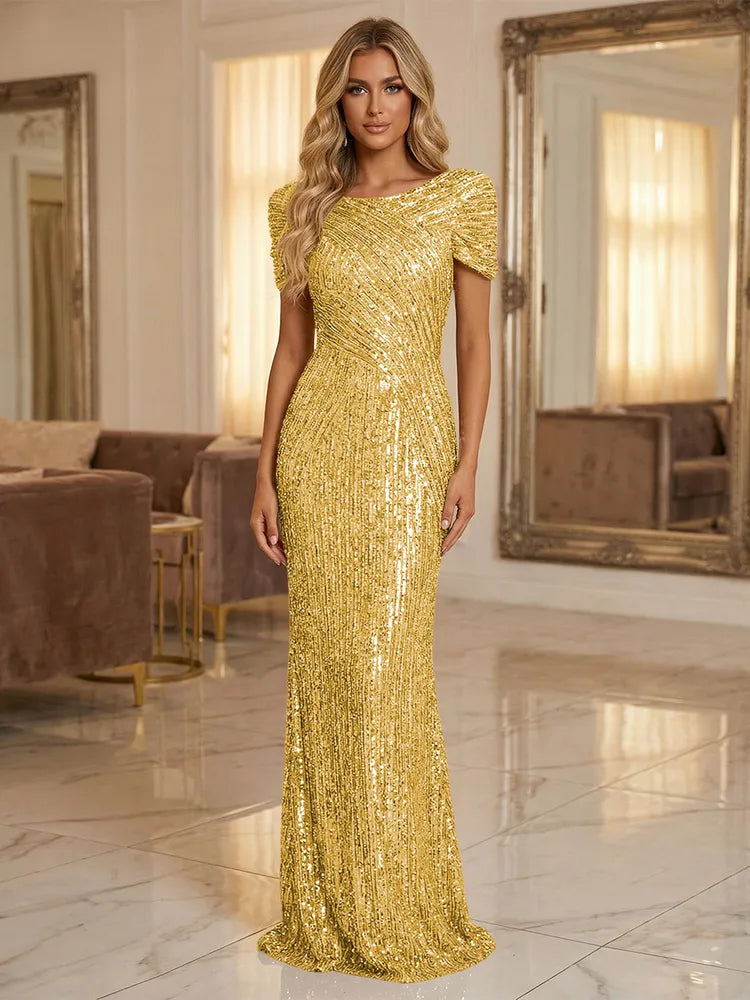 Glamorous Sheath Bateau Neck Puff Sleeve Sequin Floor-Length Evening Dress