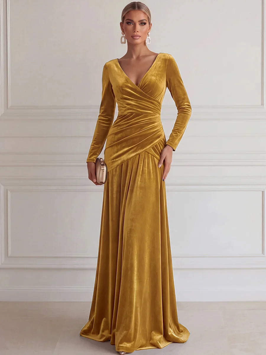 Elegant A-Line V-Neck Long Sleeve Velvet Floor-Length Evening Dress