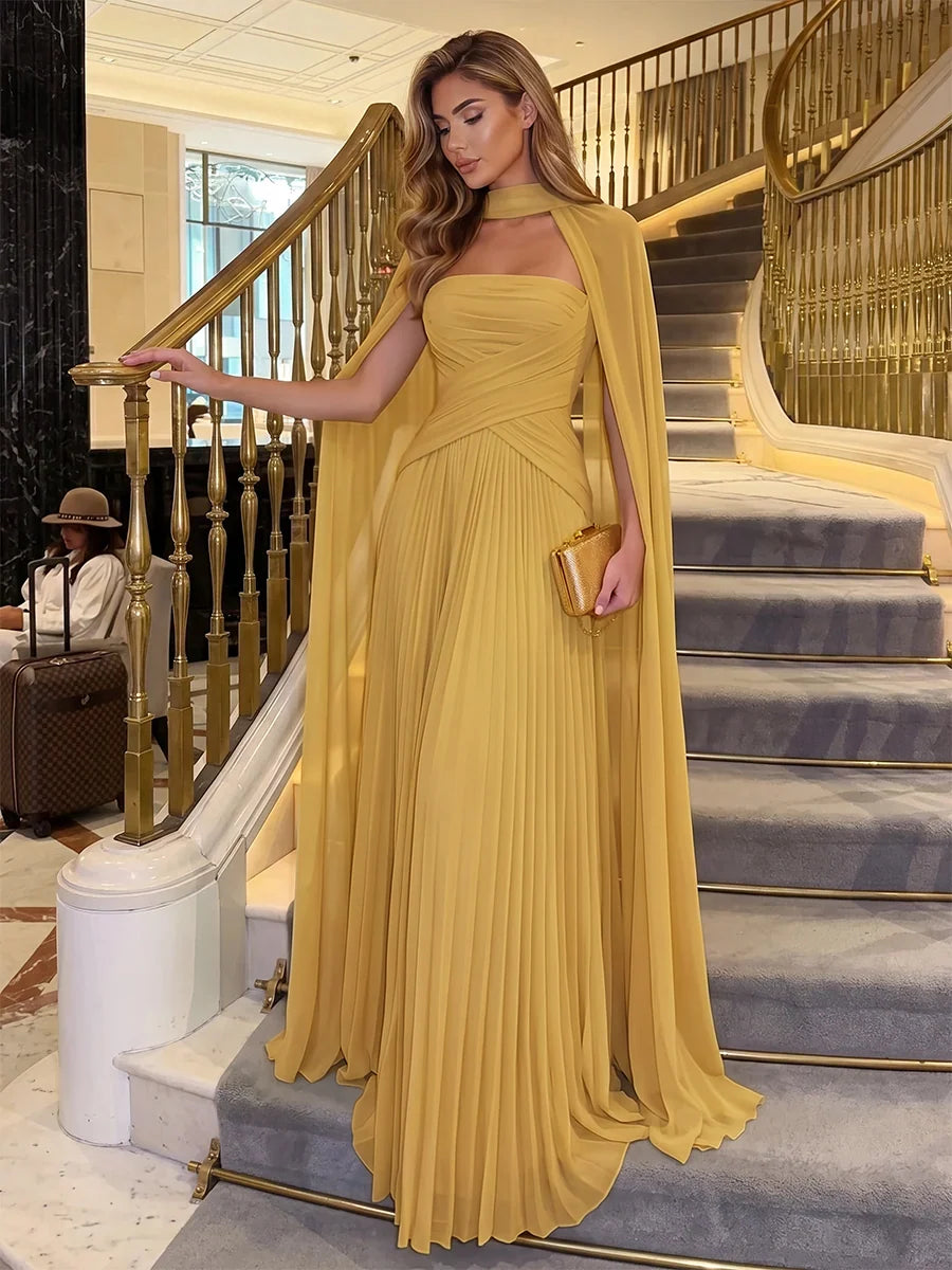 Elegant Pleated Strapless Sleeveless Chiffon Floor Length Evening Dress