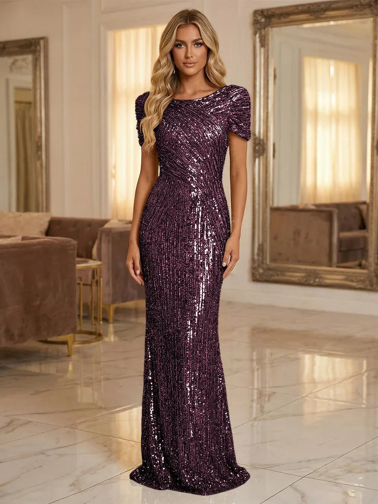 Glamorous Sheath Bateau Neck Puff Sleeve Sequin Floor-Length Evening Dress