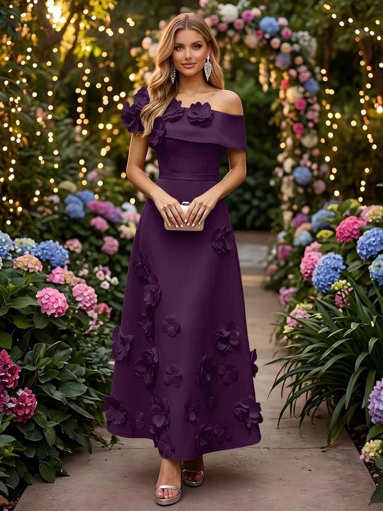Romantic A-Line Off-Shoulder Short Sleeve Satin Ankle-Length Wedding Guest Dress