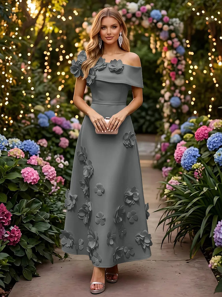 Romantic A-Line Off-Shoulder Short Sleeve Satin Ankle-Length Wedding Guest Dress